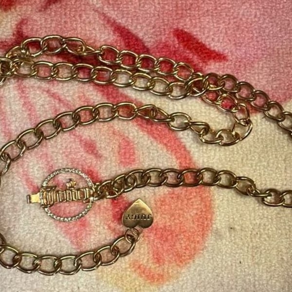 Juicy Couture Gold Tone Chain Belt with Rhinestone Logo and Heart Charm