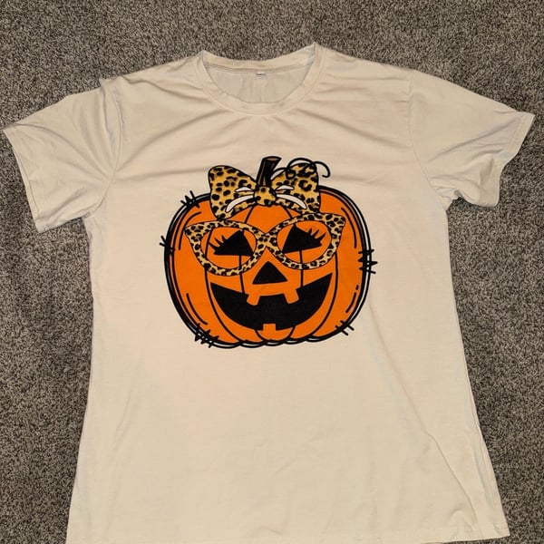 Unbranded Halloween Leopard Pumpkin T-Shirt Size M White Graphic Tee