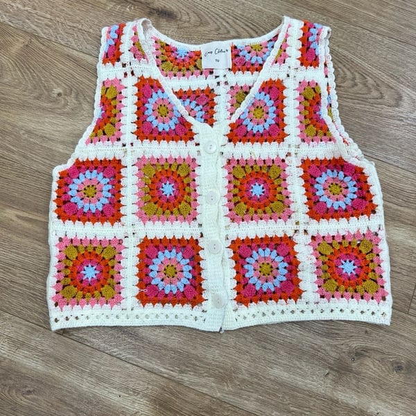 Easy Clothes Aimee Crochet Vest TU Multi Color Granny Square Cardigan