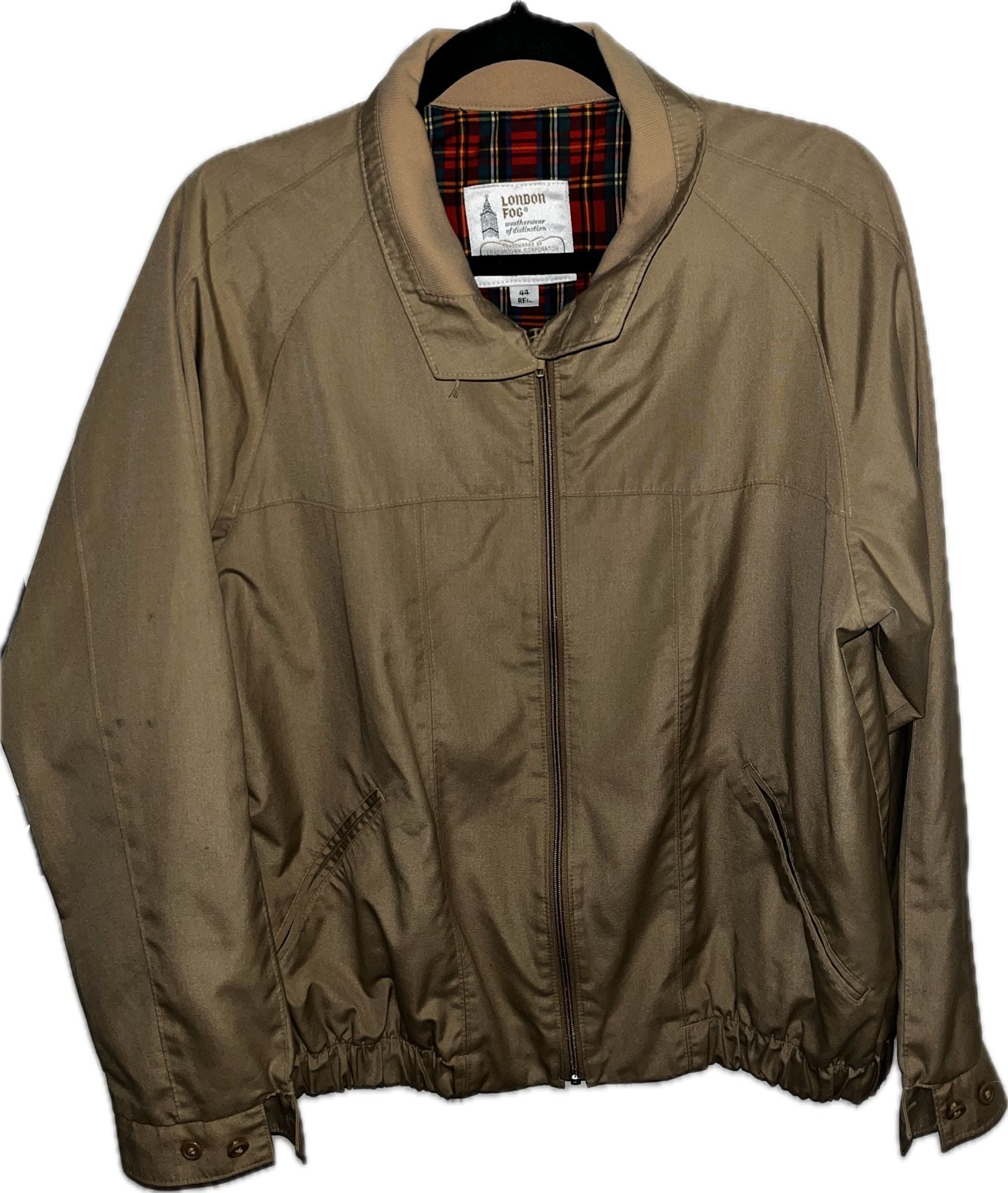 London Fog Bomber Jacket Size 44 Reg Tan Plaid Lined Vintage 2