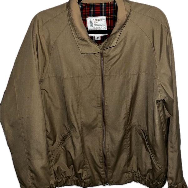 London Fog Bomber Jacket Size 44 Reg Tan Plaid Lined Vintage