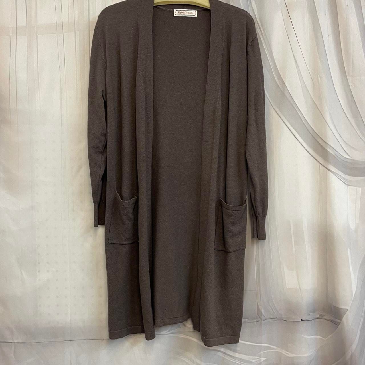 Flying Tomato Size L Large 12-14 Long Cardigan Brown Knit Pockets Open Front 2