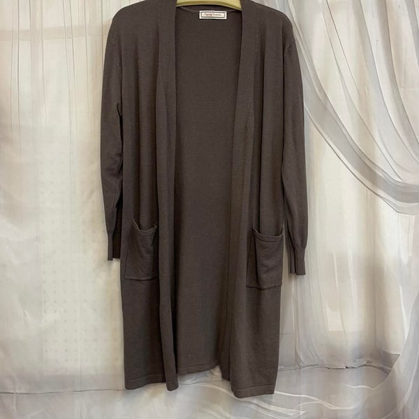 Flying Tomato Size L Large 12-14 Long Cardigan Brown Knit Pockets Open Front