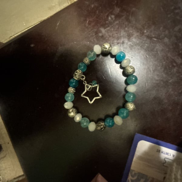 Blue Agate Bead Stretch Bracelet With Star Charm