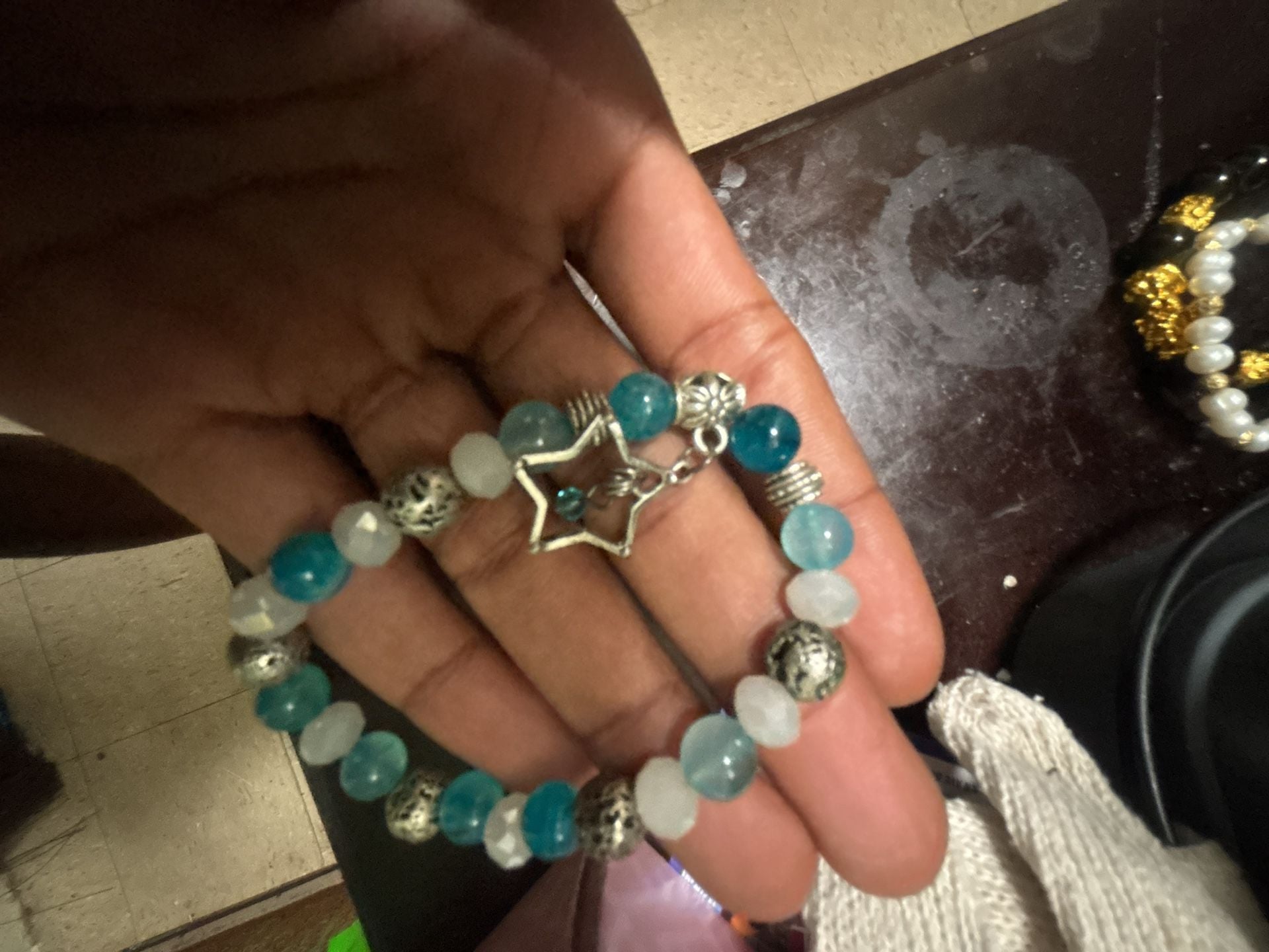 Blue Agate Bead Stretch Bracelet With Star Charm 4