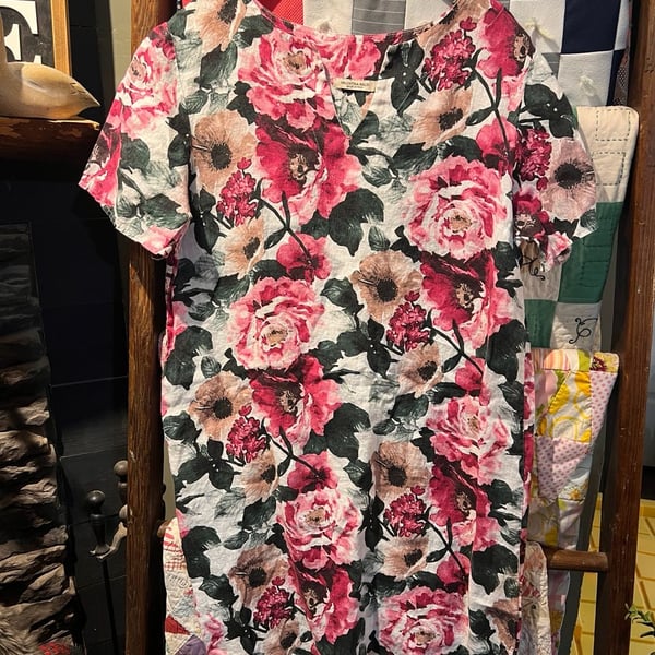 Valentina Naldi Floral Tunic Dress Size XL 100% Linen Made in Italy