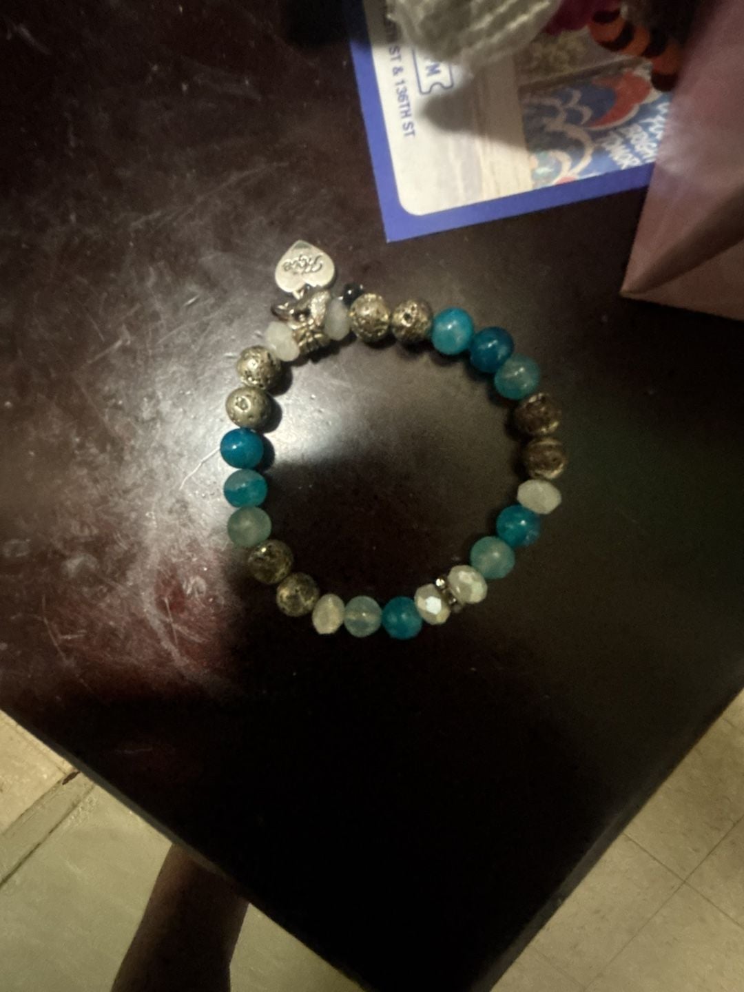 Unbranded Beaded Stretch Bracelet Blue and Silver with Heart Charm 2