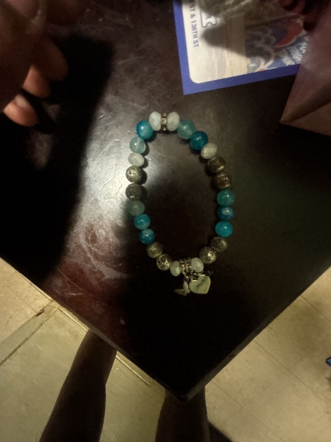 Unbranded Beaded Stretch Bracelet Blue and Silver with Heart Charm 3