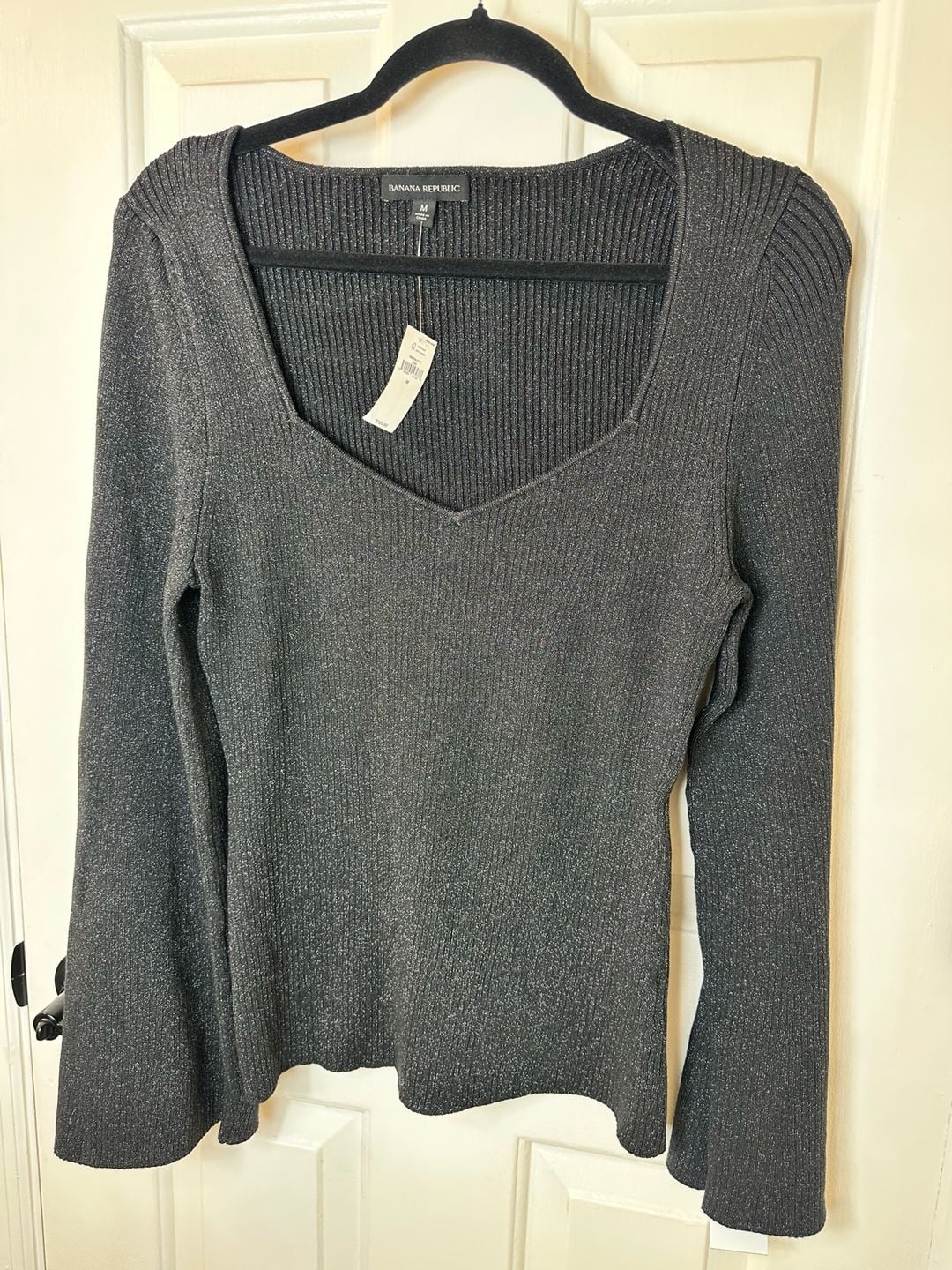 Banana Republic Rib Knit Top Size M Black Metallic Shimmer Bell Sleeve New 3