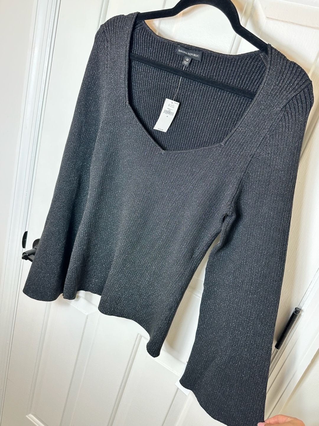 Banana Republic Rib Knit Top Size M Black Metallic Shimmer Bell Sleeve New 5