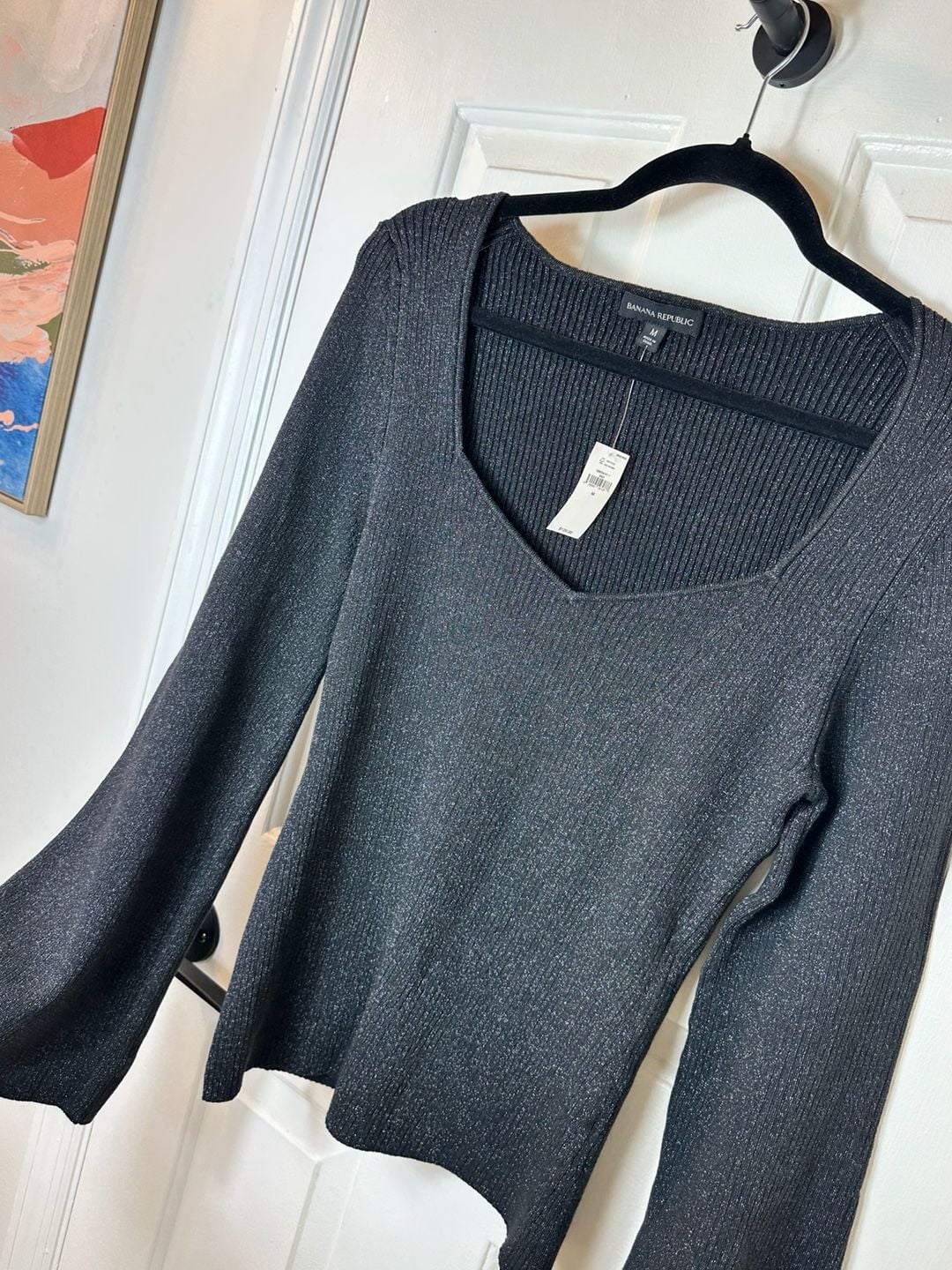 Banana Republic Rib Knit Top Size M Black Metallic Shimmer Bell Sleeve New 2
