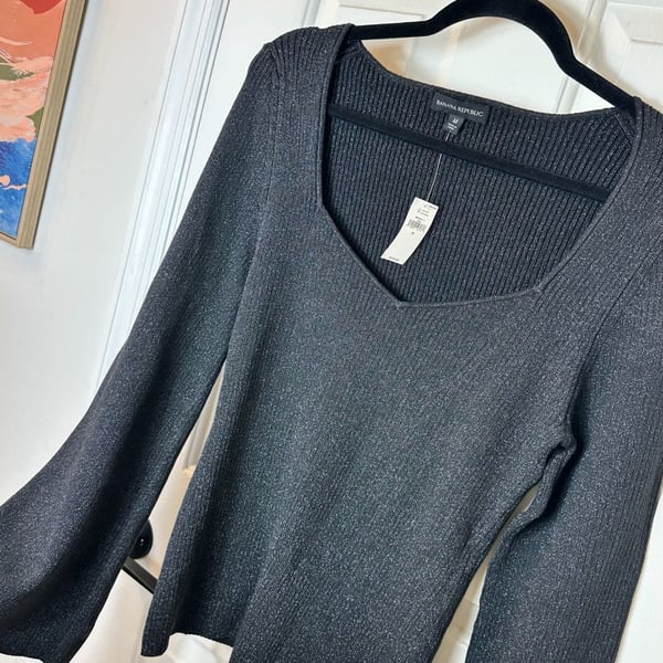 Banana Republic Rib Knit Top Size M Black Metallic Shimmer Bell Sleeve New