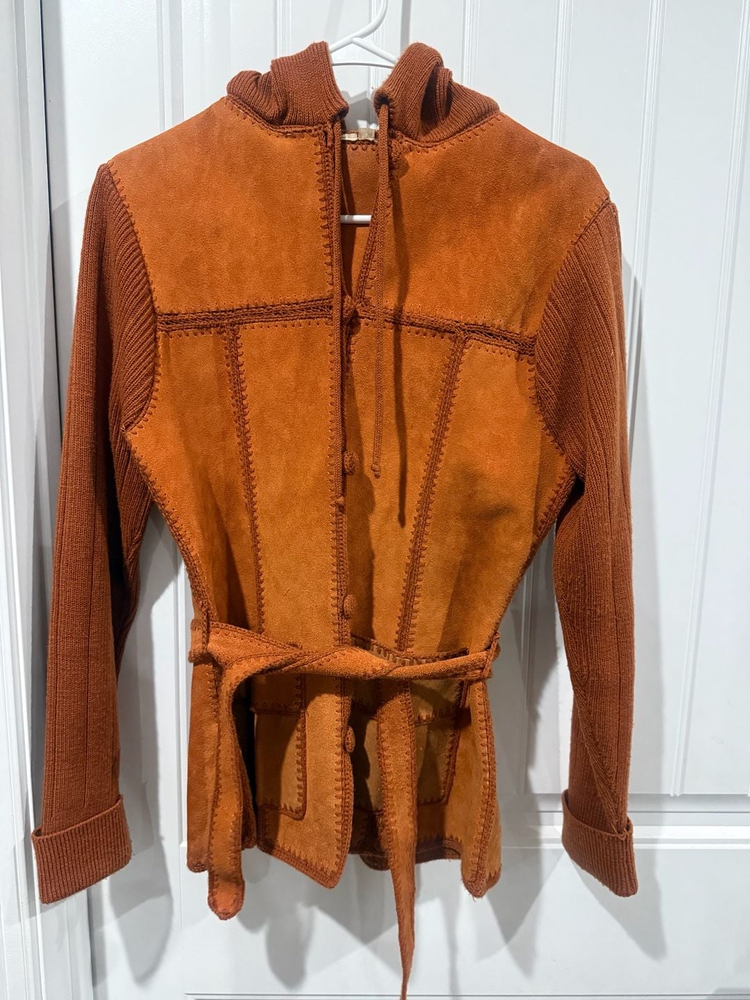 Vintage 70s Suede Hooded Jacket Size M Brown/Rust Patchwork Knit Boho Western 3