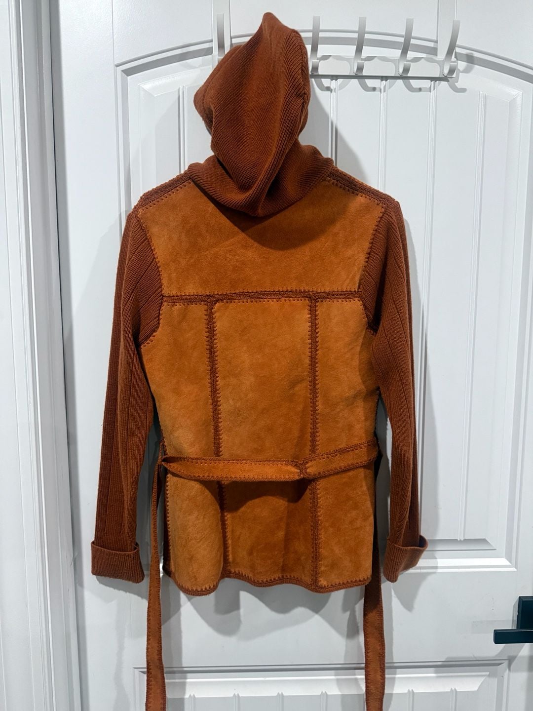 Vintage 70s Suede Hooded Jacket Size M Brown/Rust Patchwork Knit Boho Western 4