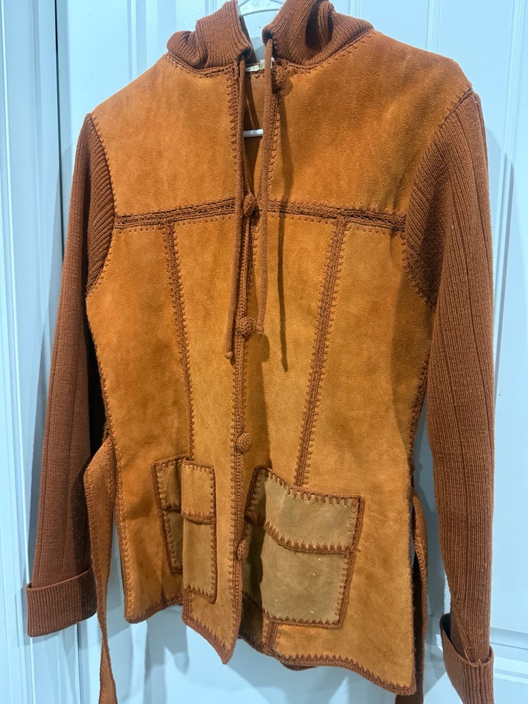 Vintage 70s Suede Hooded Jacket Size M Brown/Rust Patchwork Knit Boho Western 5