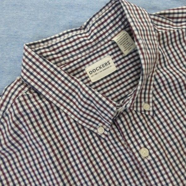Dockers Button Down Shirt Size XXL Plaid Gingham Short Sleeve Red White Blue
