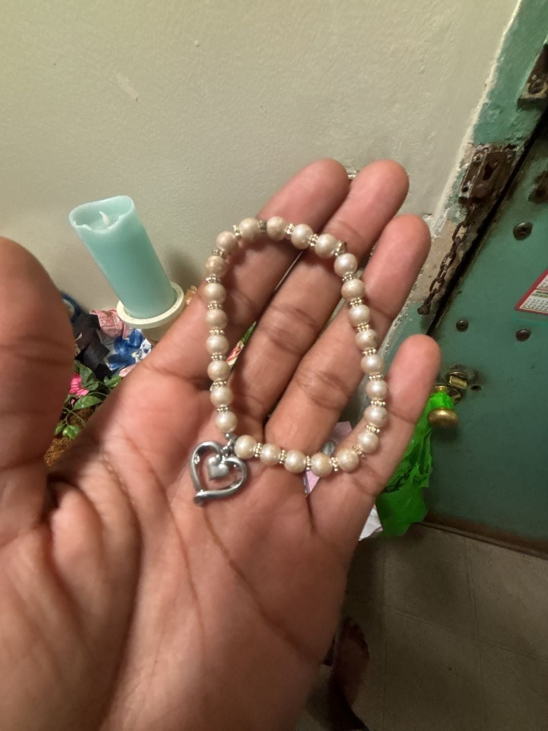 Unbranded Faux Pearl Beaded Stretch Bracelet Heart Pendant 3