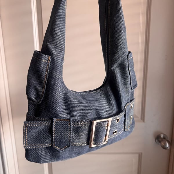 Vintage Y2K Denim Shoulder Bag Buckle Pocket Jean Underarm Handbag
