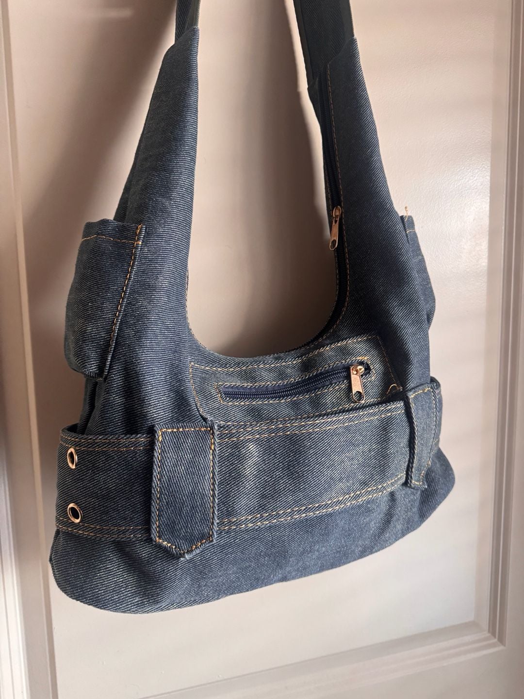 Vintage Y2K Denim Shoulder Bag Buckle Pocket Jean Underarm Handbag 8