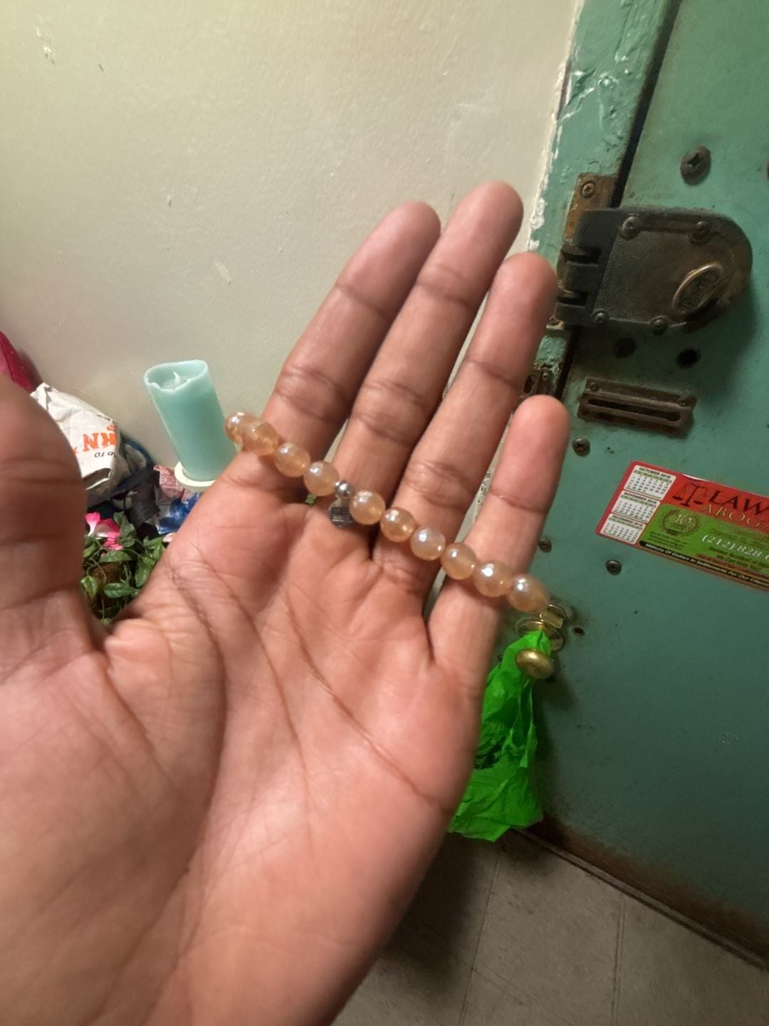 Beaded Peach Stone Bracelet with Mom Charm 3