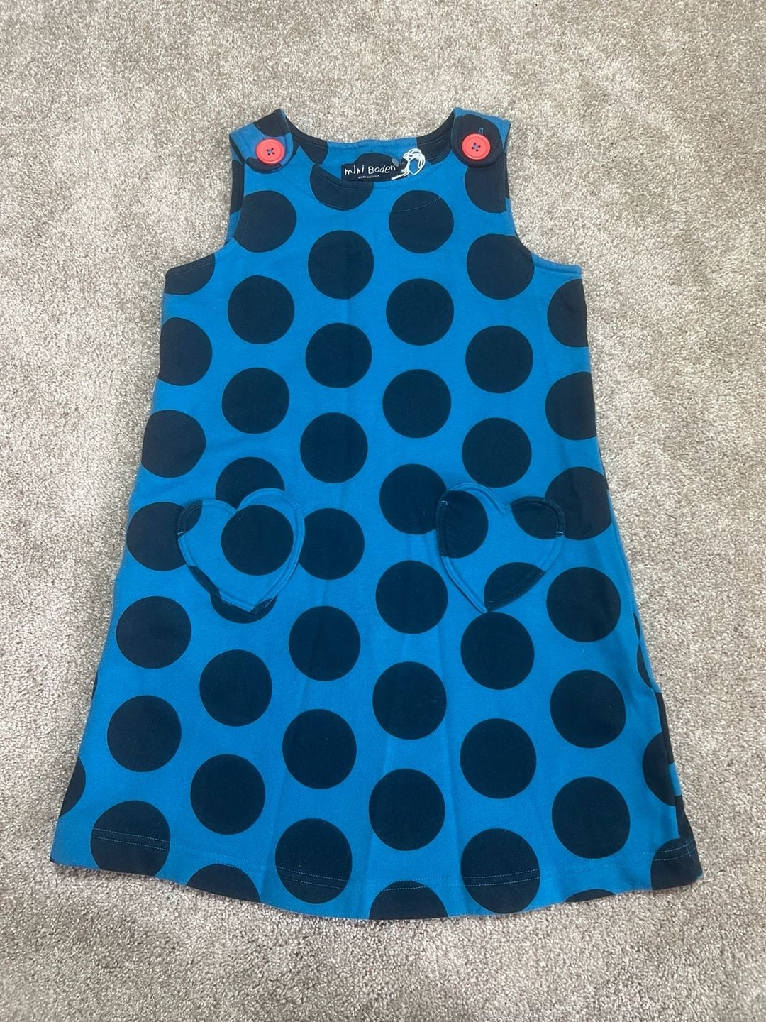 Mini Boden Pinafore Dress Size 7-8Y Blue/Navy Polka Dot Heart Pockets 2