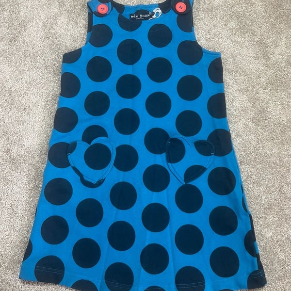 Mini Boden Pinafore Dress Size 7-8Y Blue/Navy Polka Dot Heart Pockets