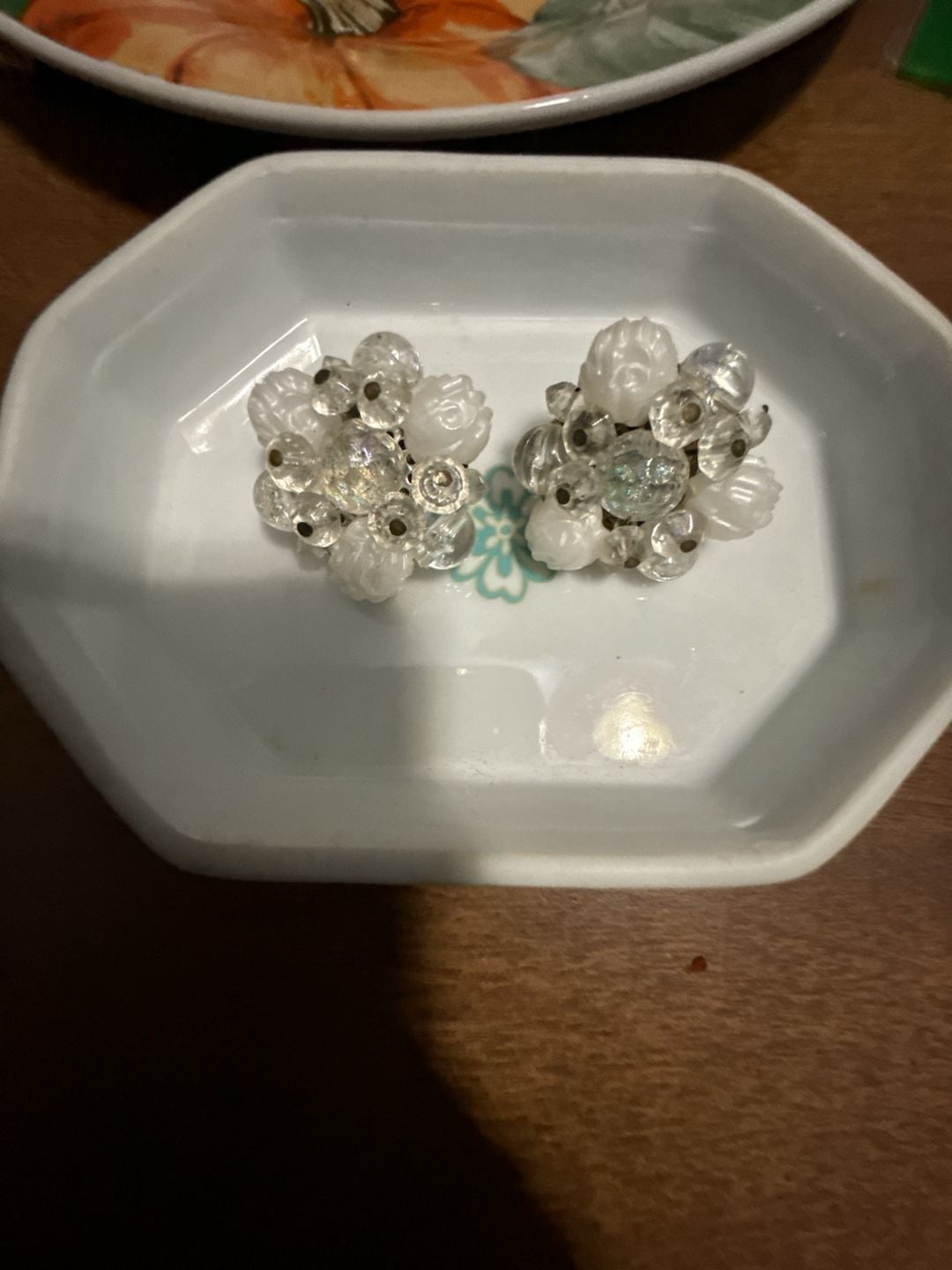 West Germany Crystal Cluster Clip Earrings White Glass Beads 2