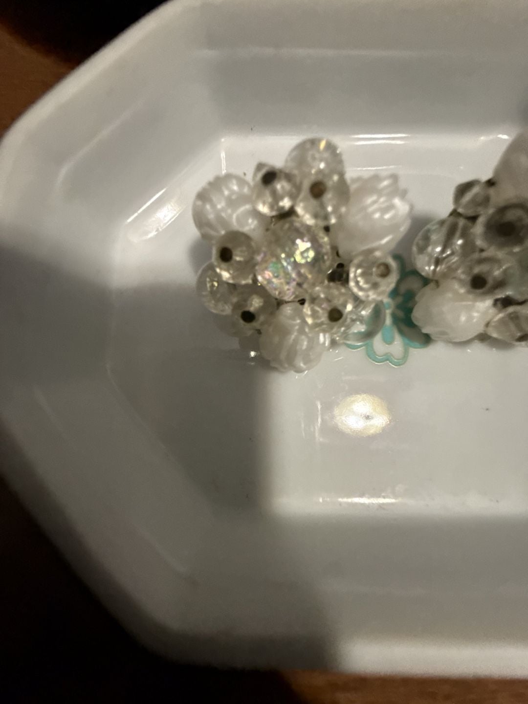 West Germany Crystal Cluster Clip Earrings White Glass Beads 3
