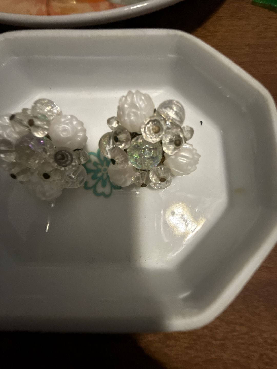 West Germany Crystal Cluster Clip Earrings White Glass Beads 4