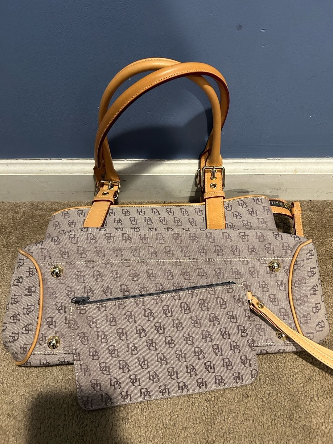 Dooney & Bourke Signature Buckle Satchel Bag Tan Canvas 3