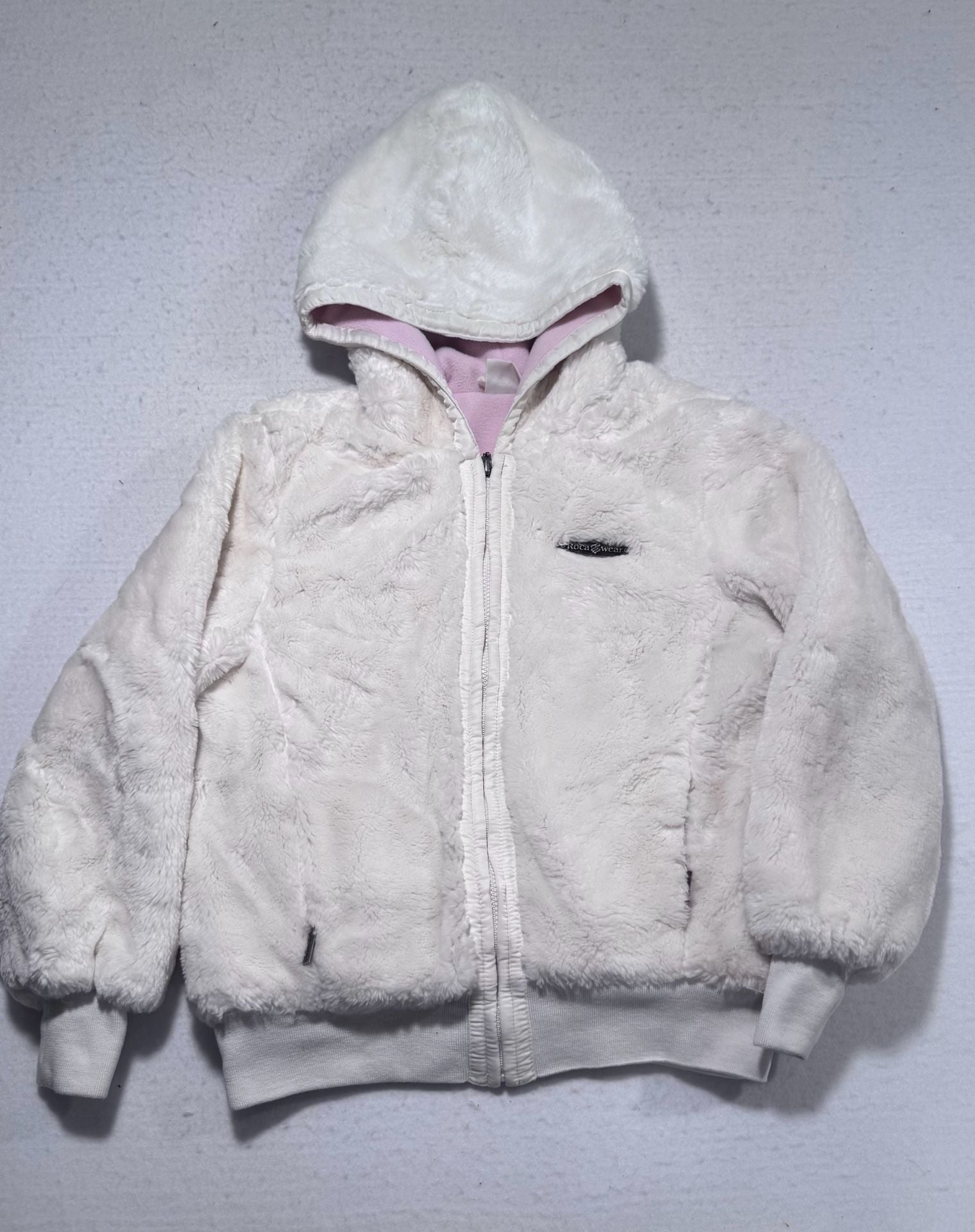 Roca Wear Faux Fur Zip Up Hoodie Size 16 White Y2K 2