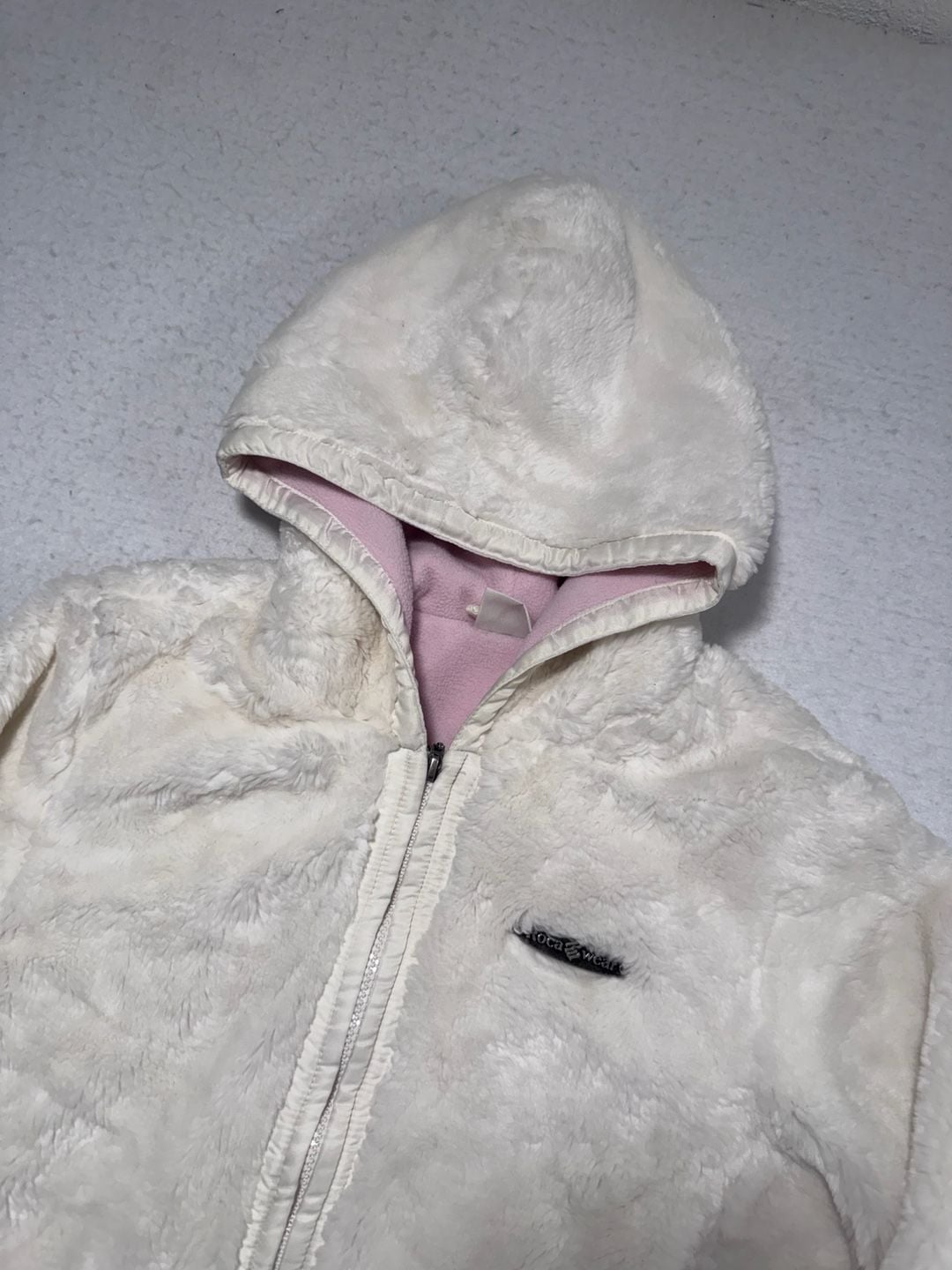 Roca Wear Faux Fur Zip Up Hoodie Size 16 White Y2K 3