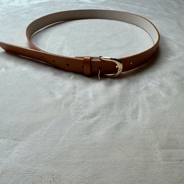 Women's Brown Leather Belt Gold Tone Buckle Size 43