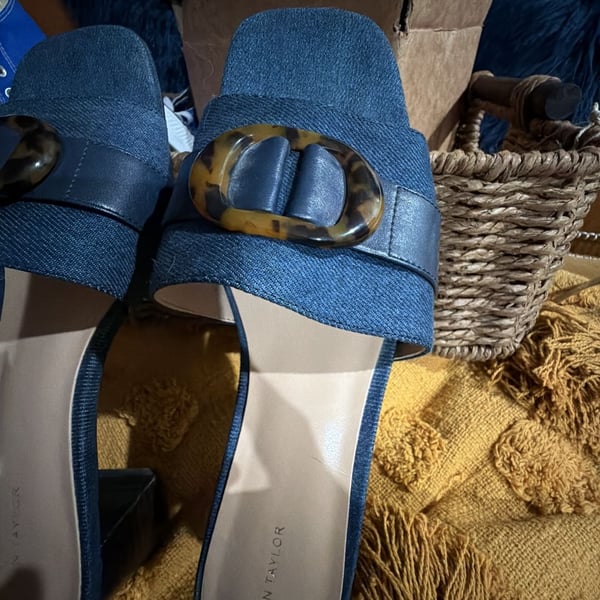 Ann Taylor Mules Size 9M Blue Denim Tortoise Buckle Block Heel Sandals