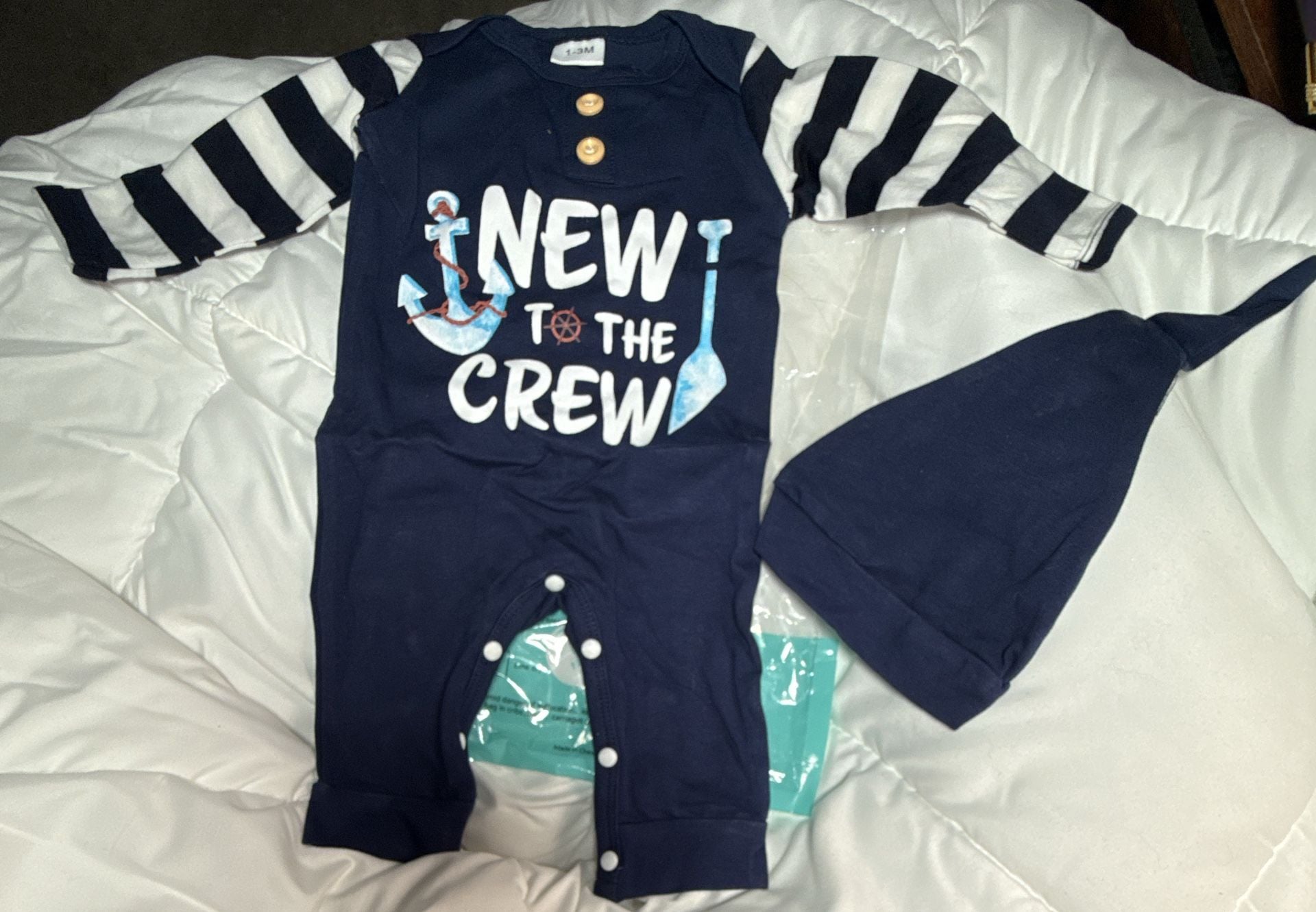 Unbranded New to the Crew Romper Hat Set Size 1-3M Navy Blue Anchor 1