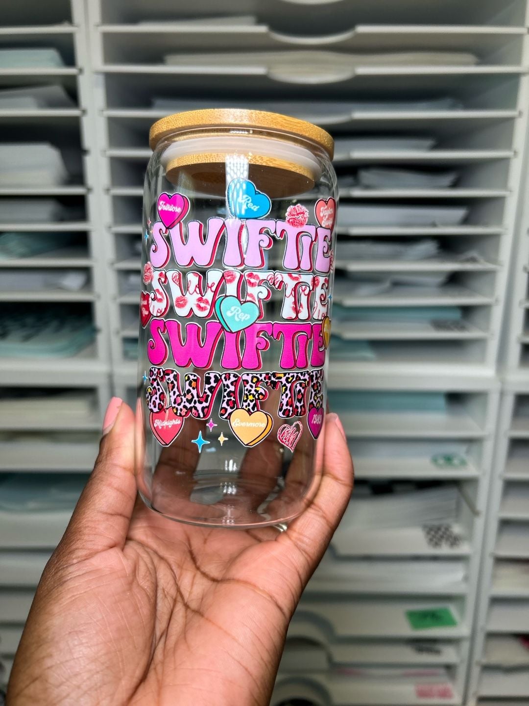 Taylor Swift Glass Can Tumbler 16oz Swiftie Hearts Bamboo Lid 1