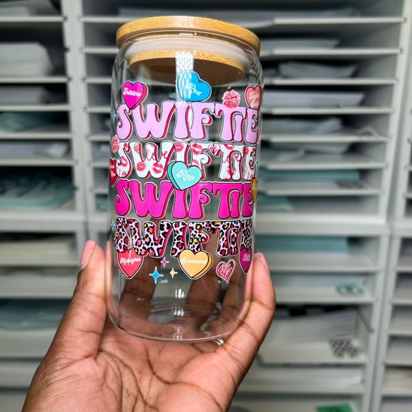Taylor Swift Glass Can Tumbler 16oz Swiftie Hearts Bamboo Lid