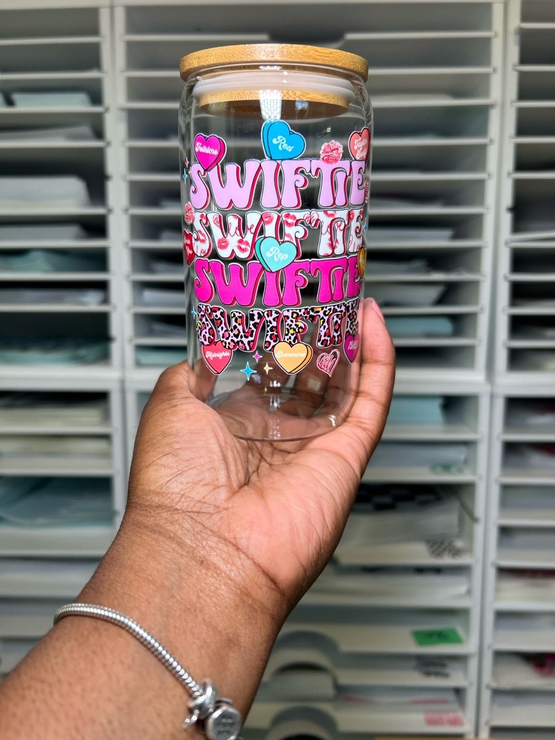 Taylor Swift Glass Can Tumbler 16oz Swiftie Hearts Bamboo Lid 2