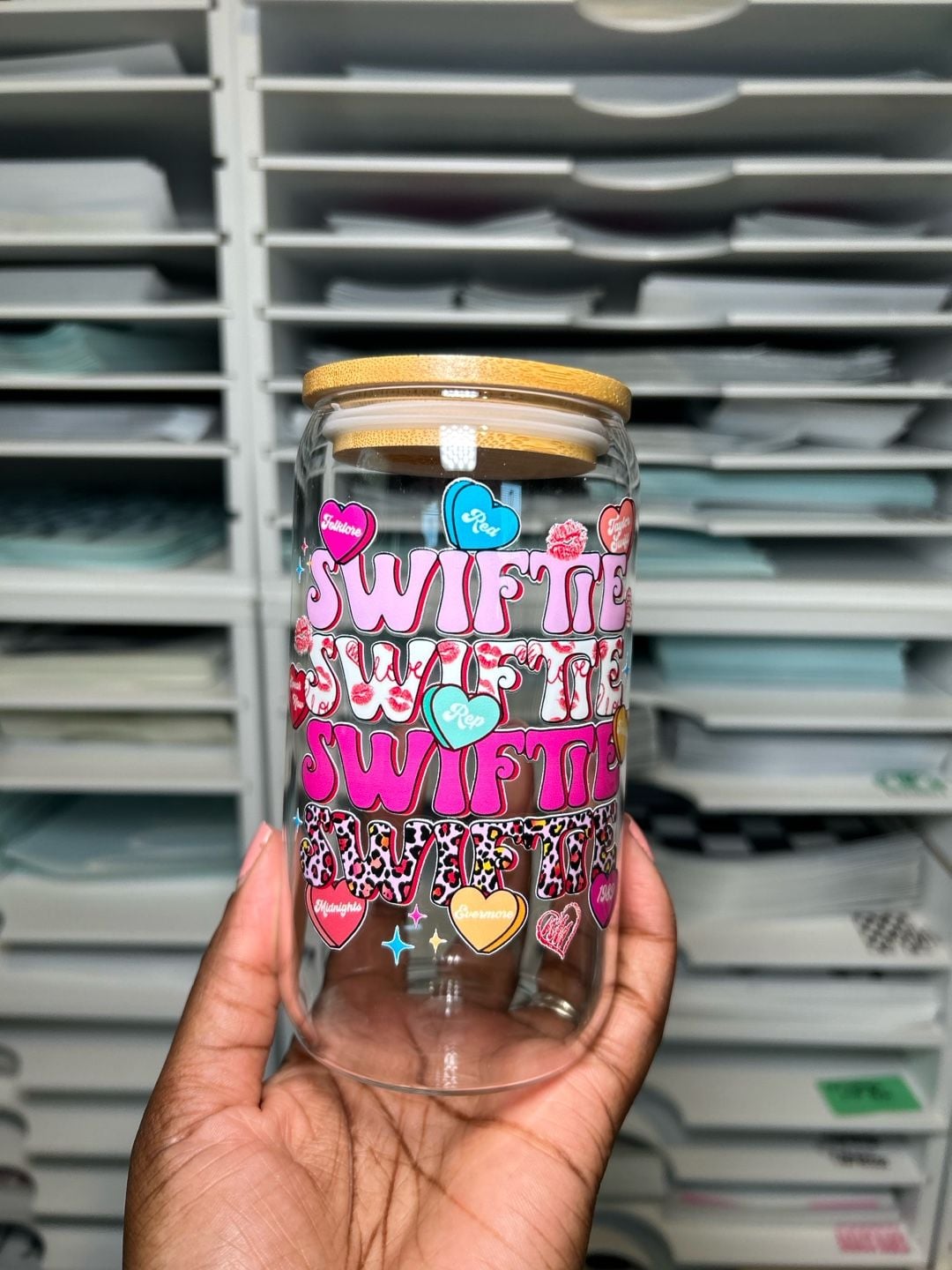 Taylor Swift Glass Can Tumbler 16oz Swiftie Hearts Bamboo Lid 3