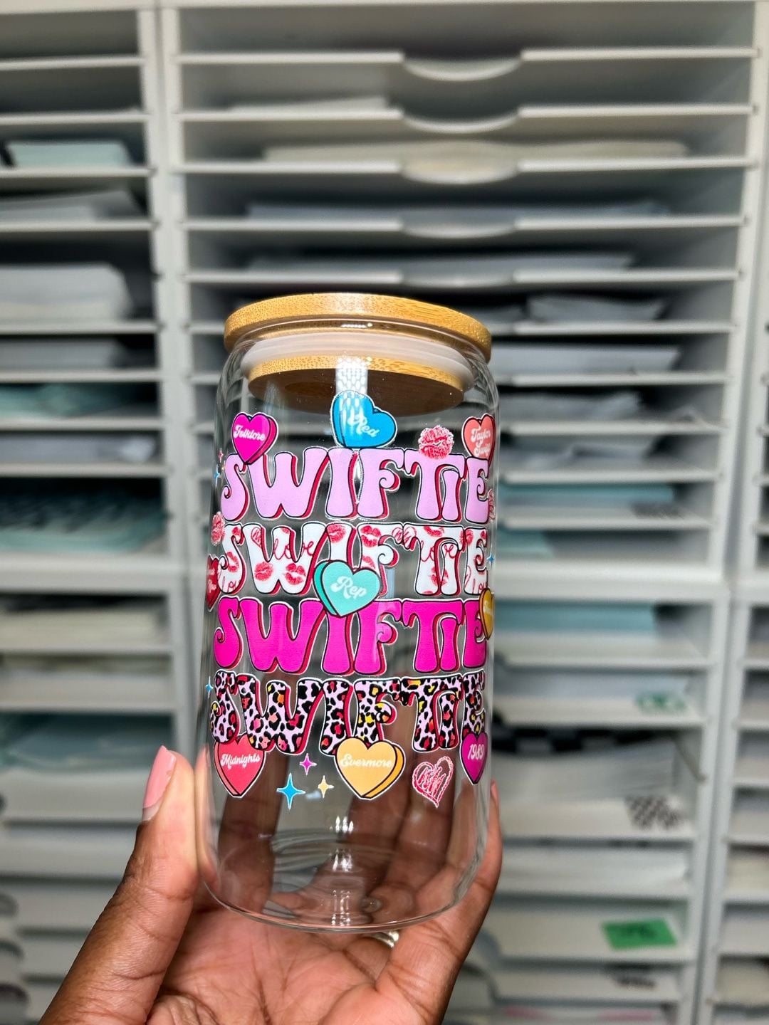 Taylor Swift Glass Can Tumbler 16oz Swiftie Hearts Bamboo Lid 4
