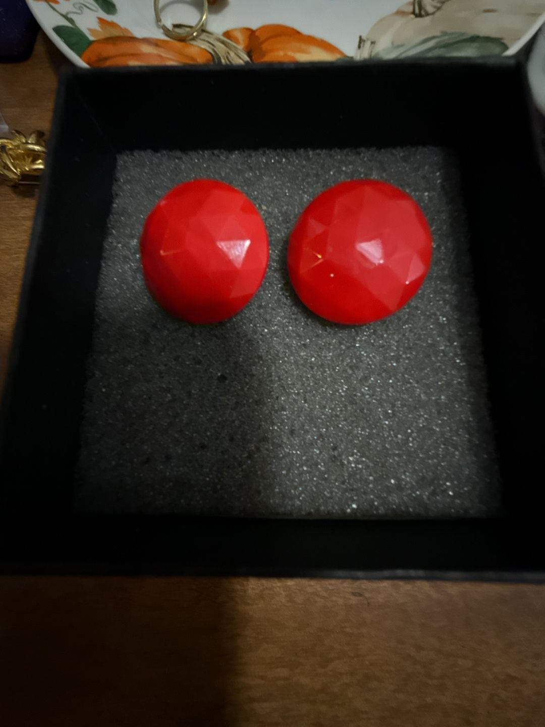 West Germany Red Faceted Plastic Domed Clip-On Earrings 2
