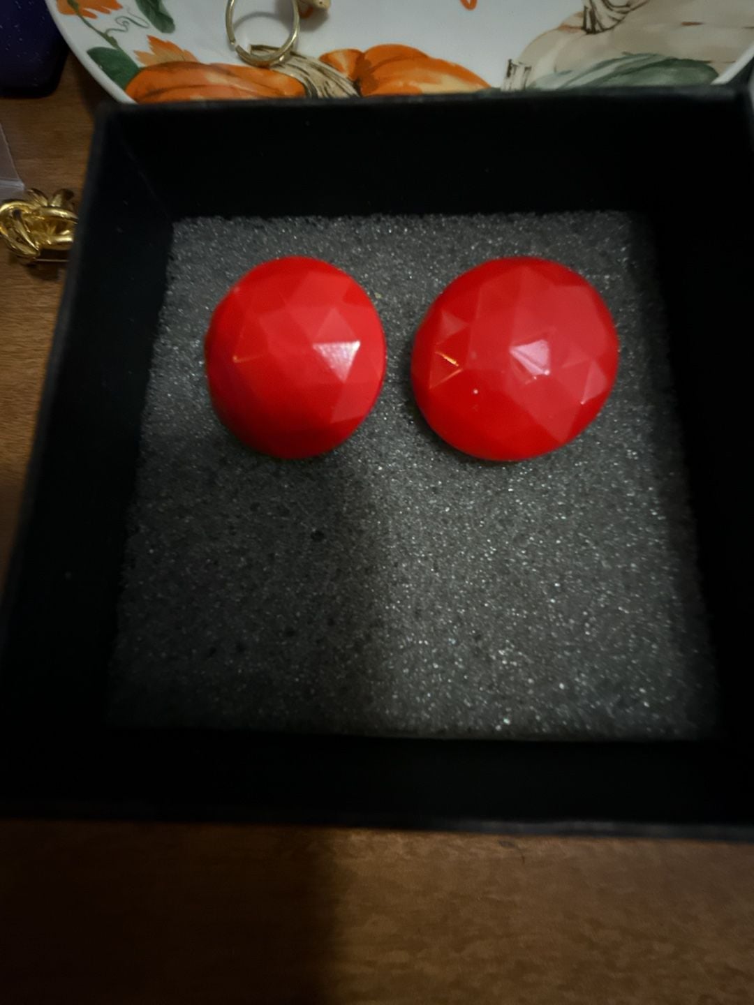 West Germany Red Faceted Plastic Domed Clip-On Earrings 3