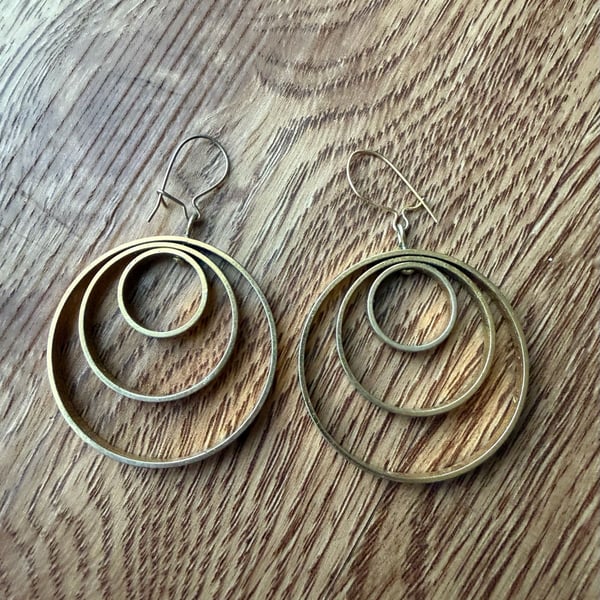 Triple Hoop Brass/Titanium Loop Gold-toned Dangle Drop Minimalist Modern Earrings