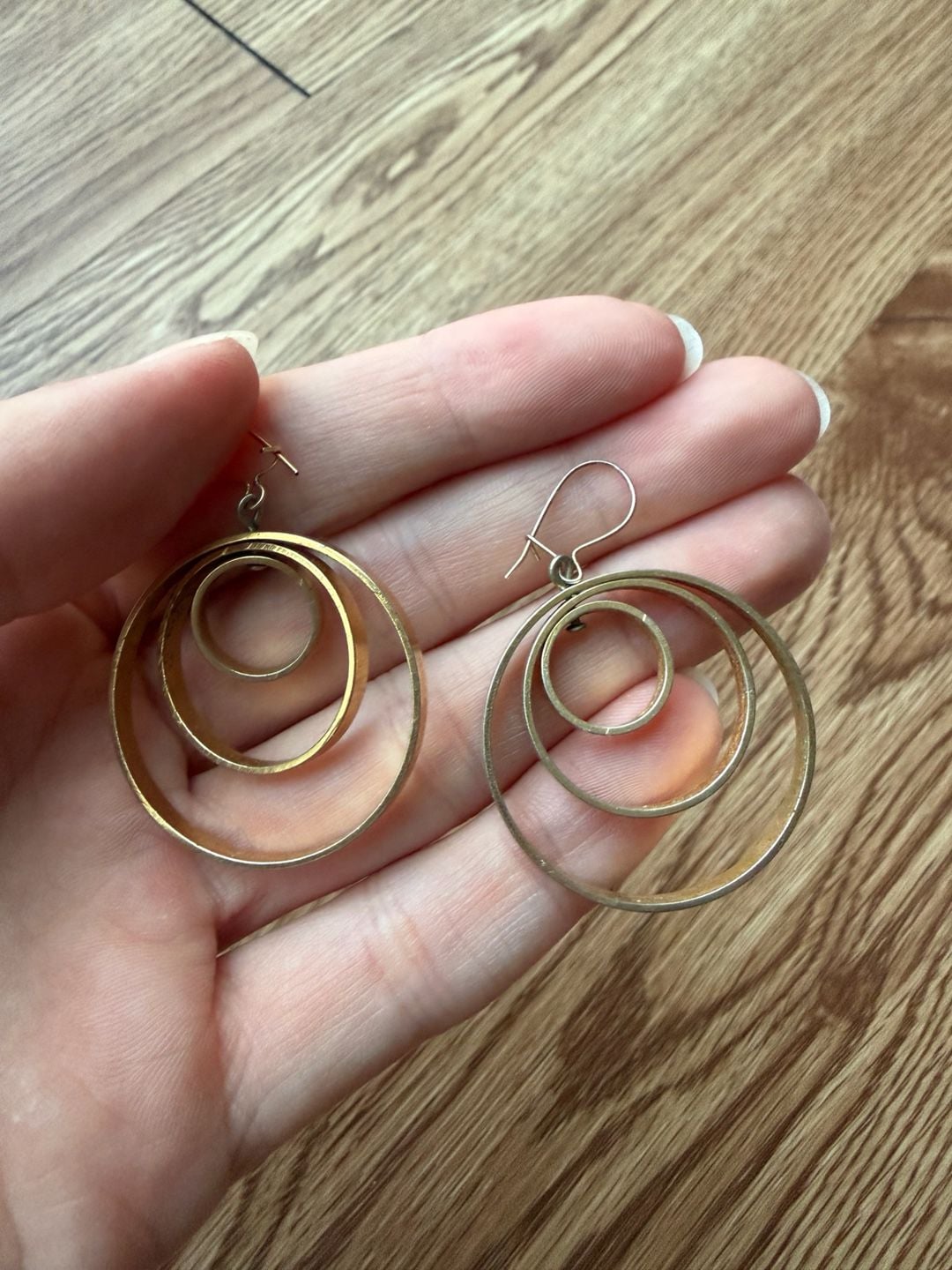 Triple Hoop Brass/Titanium Loop Gold-toned Dangle Drop Minimalist Modern Earrings 3