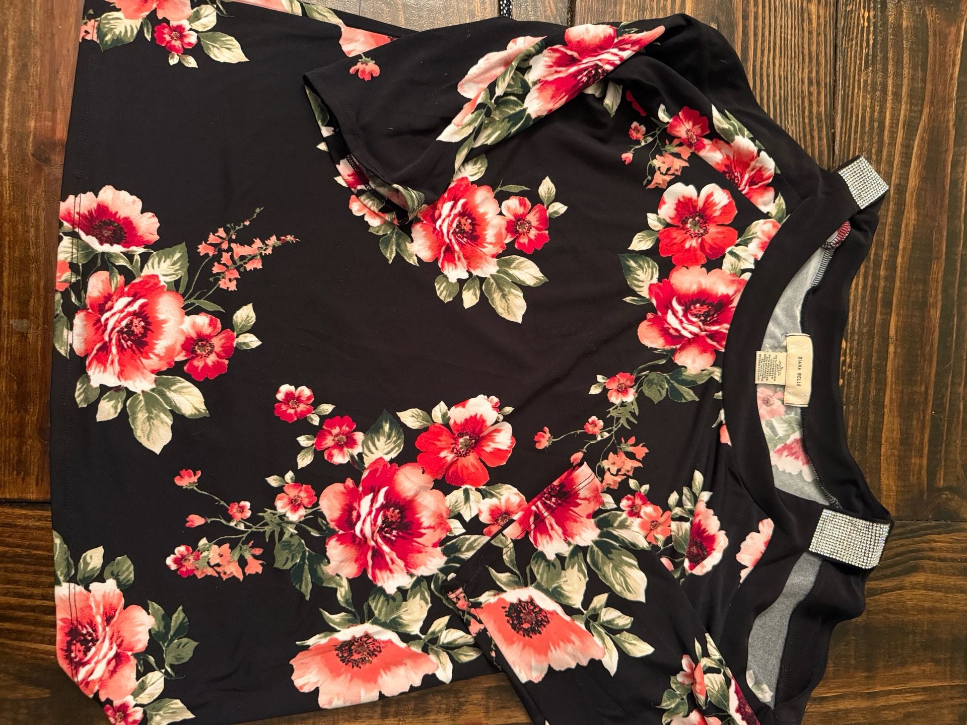 Diana Belle Floral Blouse Size L Black Rhinestone Cold Shoulder 1