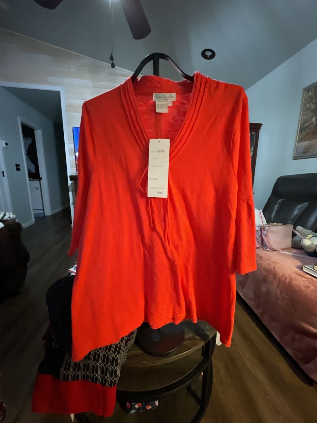 Hard Tail Top Size L Coral V-Neck 3/4 Sleeve Cotton Tunic 2