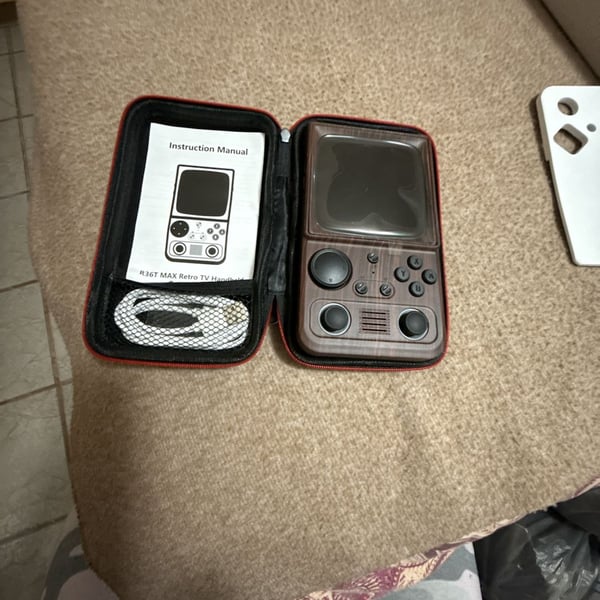 R36T Retro Handheld Game Console Wood Grain With Case and Accessories