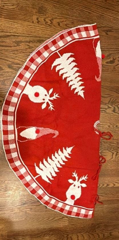 Christmas Tree Skirt Red White Gnomes Reindeer Trees Knitted 44” 1