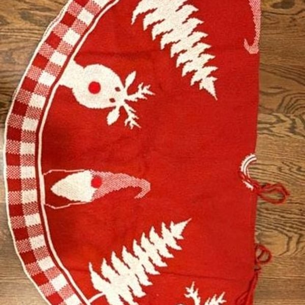 Christmas Tree Skirt Red White Gnomes Reindeer Trees Knitted 44”