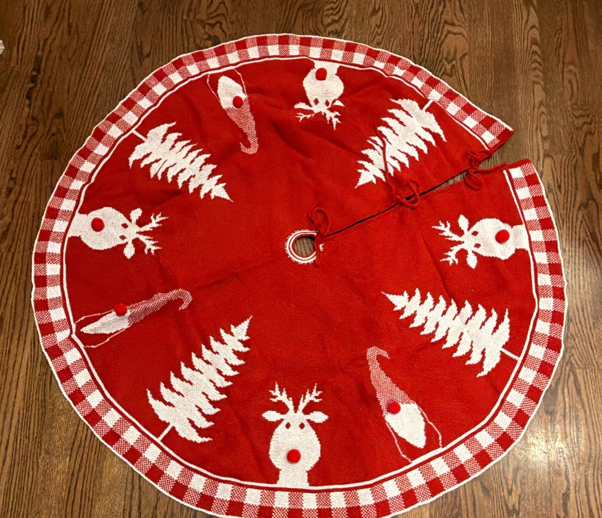 Christmas Tree Skirt Red White Gnomes Reindeer Trees Knitted 44” 2